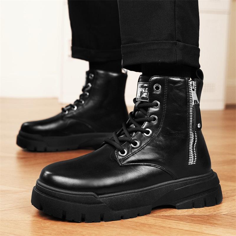 Men'S High-Top Boots Fashion Casual Leather Boots Men'S Sneakers Lace Up Ankle Boots Motorcycle Platform Boot Zapatillas Hombre