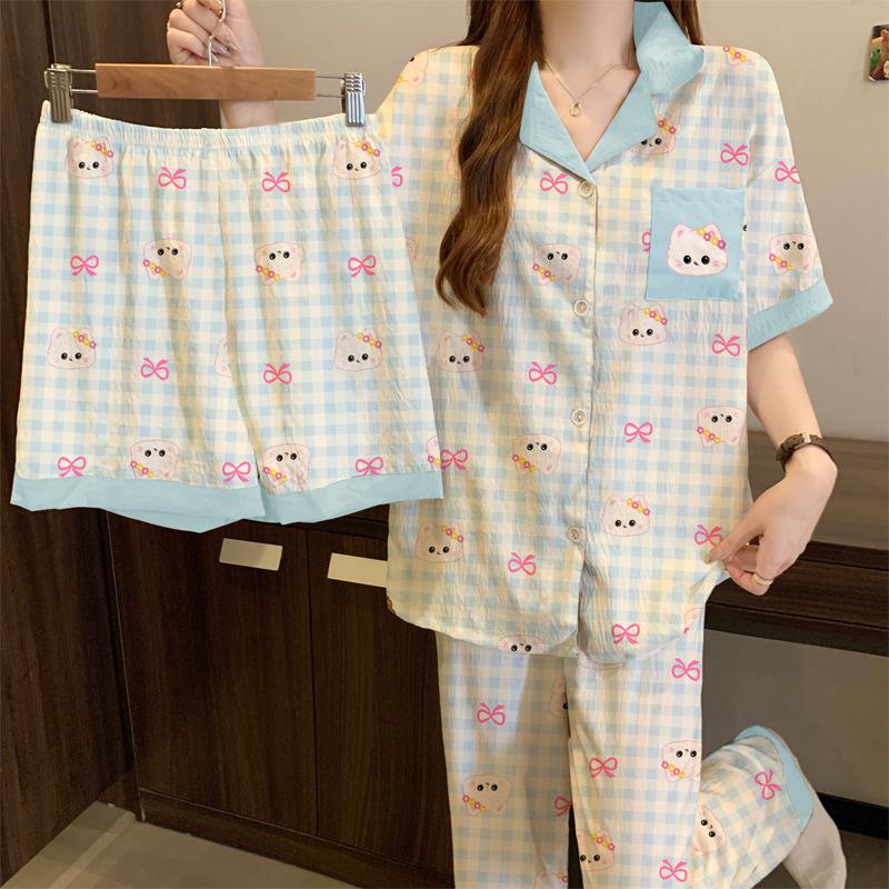 Japanese Wind Cloud Cotton Pajamas Women'S Summer Short-Sleeved Three-Piece Set Small Fresh Plaid Bow Loungewear