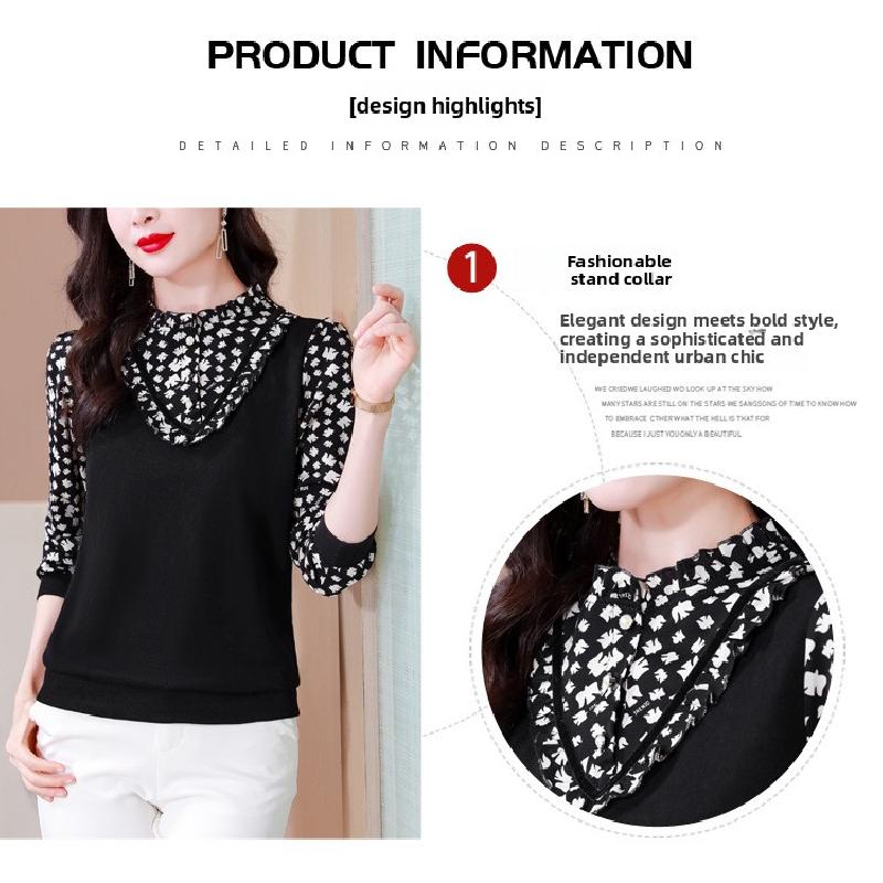 2026 Spring and Autumn Long-Sleeve Slim-Fit Shirt with Ruffled Edge and Printed Design for Women