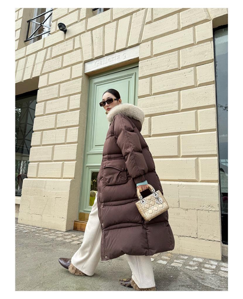 Longue Doudoune à Capuche pour Femme avec Fourrure de Renard Véritable, 90% Duvet de Canard Blanc, Longueur au-Dessus du Genou, Épaisse et Chaude