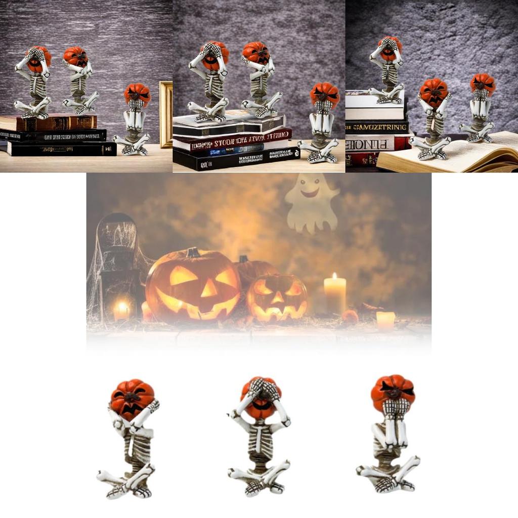 Delightful White Pumpkin Skull Set Three Resin Figurines Perfect For Halloween Parties