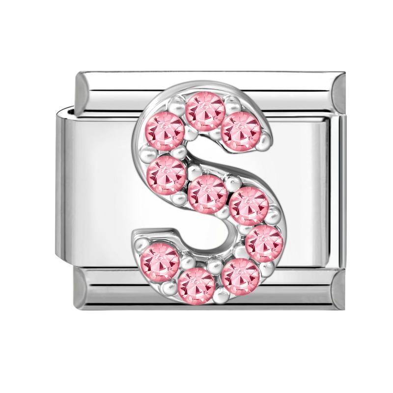 1pz Micro Intarsiato Zirconia Rosa Full Zircone 26 Lettere Inglesi Fascino Italiano Adatto Bracciale in Acciaio Inossidabile da 9mm Gioielli Fai da Te