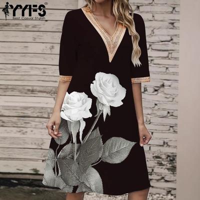 Abiti casual con stampa a fiori, modello estivo primaverile, maniche a 1/2, scollo a V, vita ampia