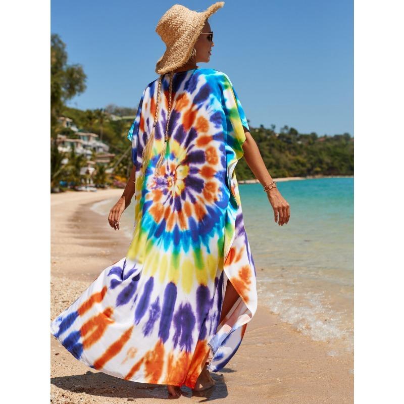 Damenmode Sommer Frühling Farbblockdruck Kurzarm V-Ausschnitt Lockere Taille Freizeitkleider