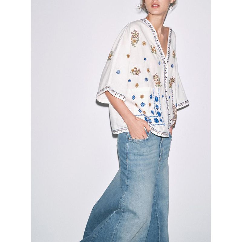 Summer New Product Women's Clothes Casual Style V Neck Wide Sleeve Over the Elbow Color Contrast Patchwork Embroider Decorative Shirt 5107063