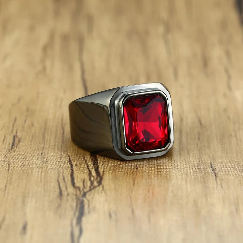 Black/Gold Plated Stainless Steel Men's Ring Square Red Zircon Stone Classic Signet Rings