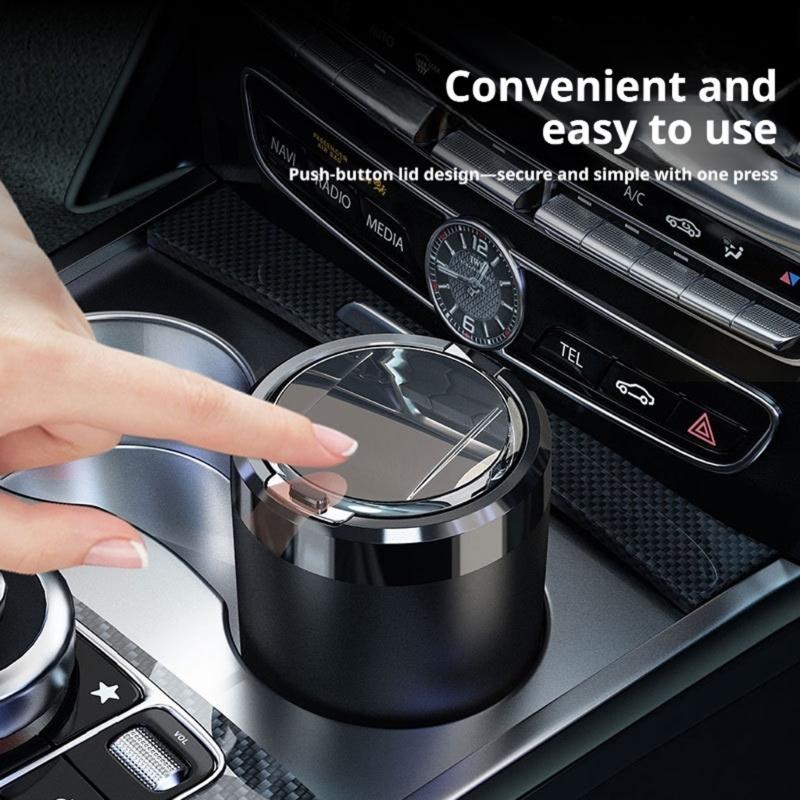 LED Auto Ashtray with Covered Press Lid and Metal Cup, Detachable Design for Car Use in Dim Indoor Rooms