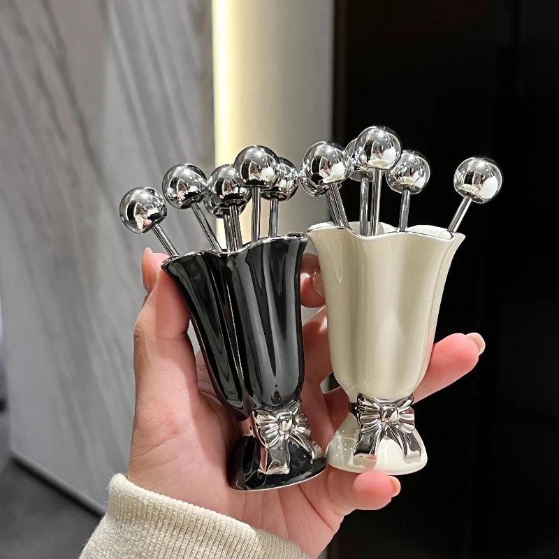 6Pcs New Stainless Steel Fruit Forks Set INS Ceramic Jar Dessert Forks with Holder Light Luxury Home Decoration