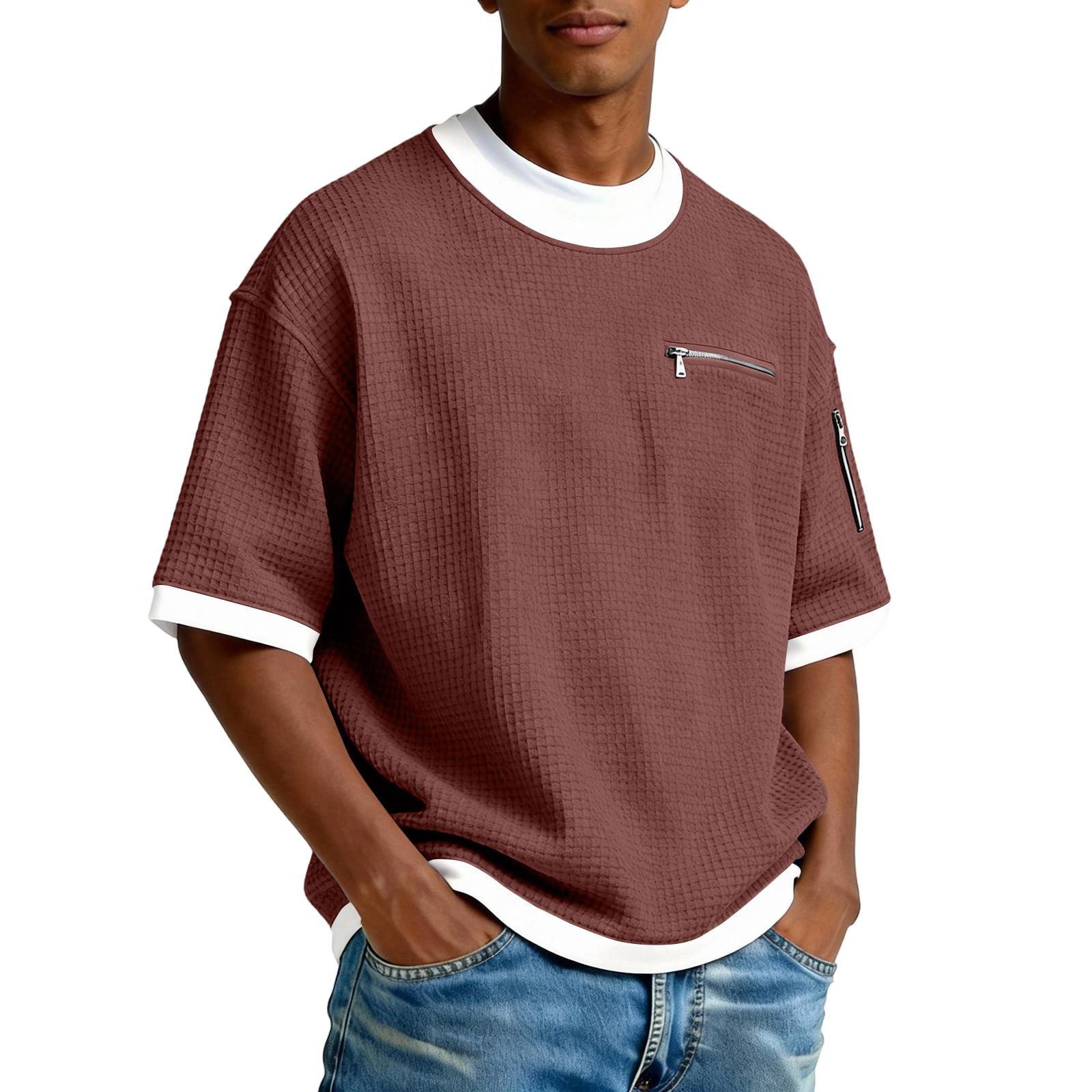 

Men s Round-neck Color-Contrast Casual Zippered Pockets T-shirt - Fashionable Sporty Loose-Fitting Men s Short Sleeve Shirt XXL