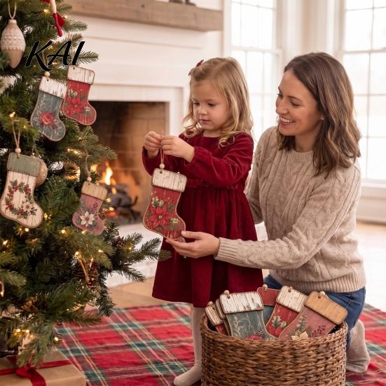 Wooden Christmas Tree Ornaments 6 Pcs Rustic Stocking Ornaments, 2D Flat Vintage Socks Hanging Decoration Distressed Texture Decor with Flower Pattern