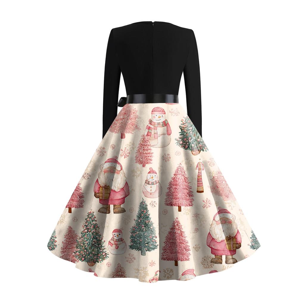Women's Casual Fashion Long Sleeve Christmas Graphic Printed Vintage Long Dresses
