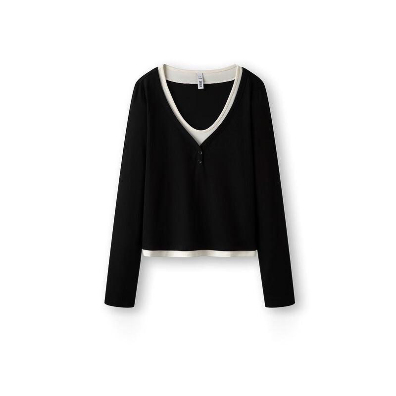 Semir Women's Fall 2026 V-Neck Colorblock Faux Two-Piece Slim Fit Long Sleeve Top