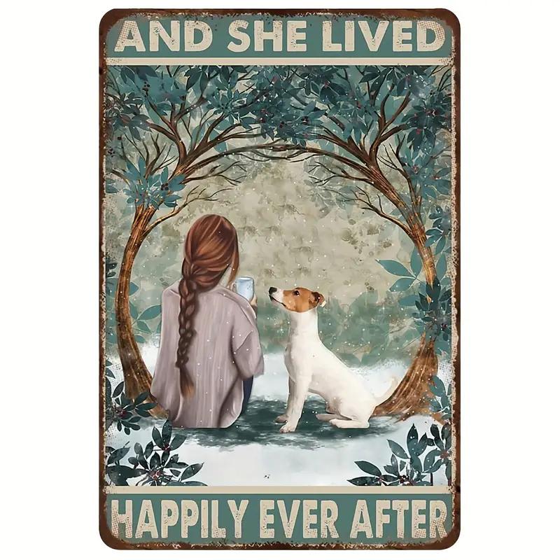 

Rustic Retro Metal Tin Sign Lady And Jack Russell Dog And She Live Happily Ever After Vintage Garden Decorative Plaque Farmhouse 20x30cm（7.8x11.8inch）