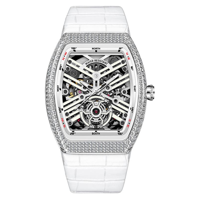 Barrel-Shaped Full Diamond Watch Fully Automatic Mechanical Watch Men S Diamond-Encrusted Luminous Frank Watch