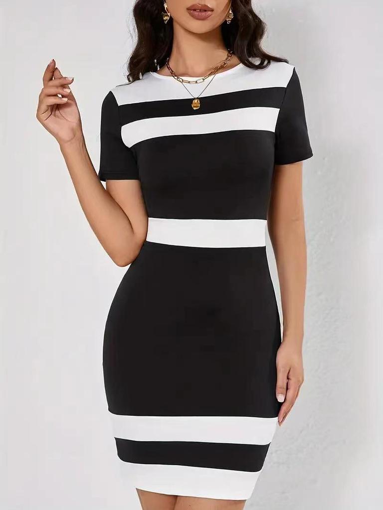 European Fashion Color Block Round Neck Women's Short Sleeve Dress (2026 Edition)