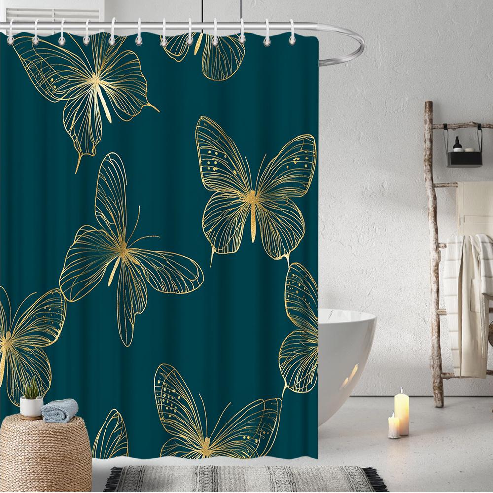 

Golden Butterfly Curtain, Vibrant Floral Print, Fade-Resistant, 12 Hooks, 70.8 x70.8 , All-Season Bath Decor W90xH180cm