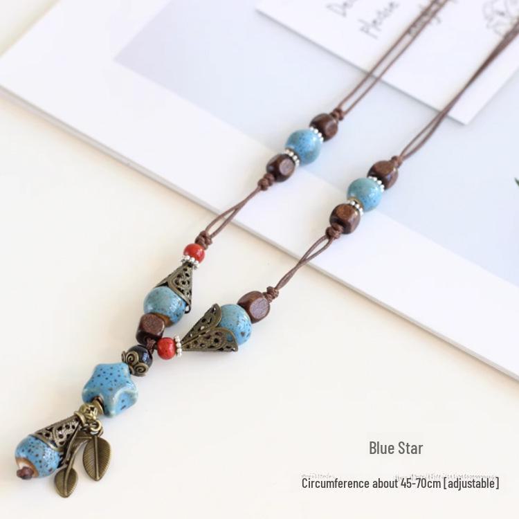 

Керамическое ожерелье-цепочка в винтажном стиле: Длинное женское ожерелье ручной работы в китайском стиле звезда/синий