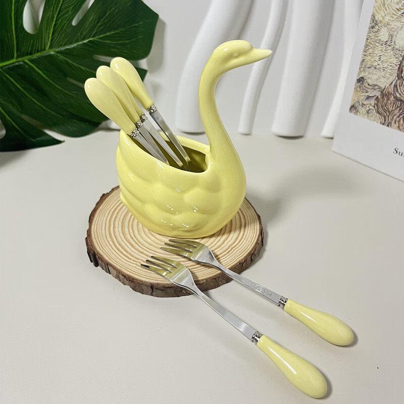 Swan Stainless Steel Fruit Fork Set with Ceramic Holder