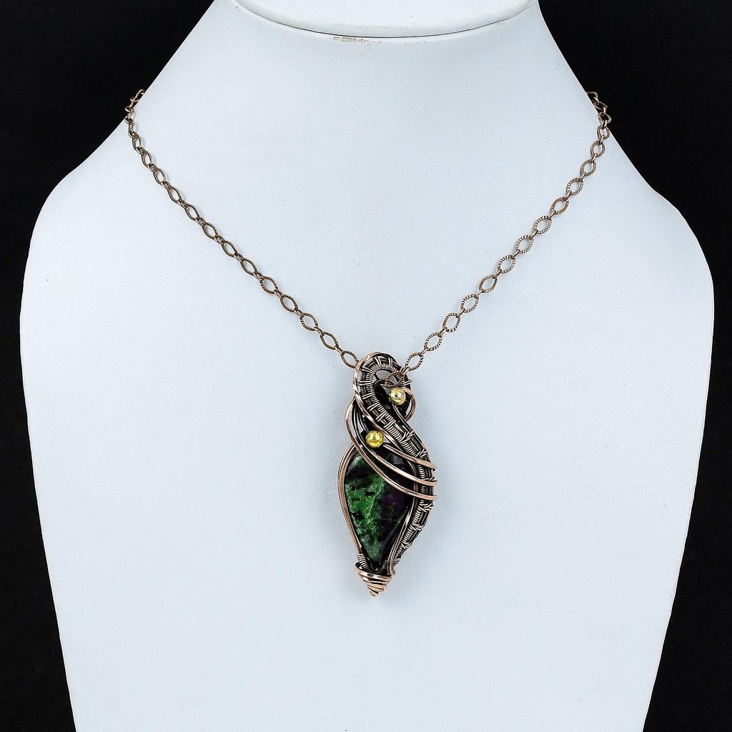 Ruby Zoisite Gemstone Pure Copper Wire Wrapped Handmade Jewelry Pendant For Gift