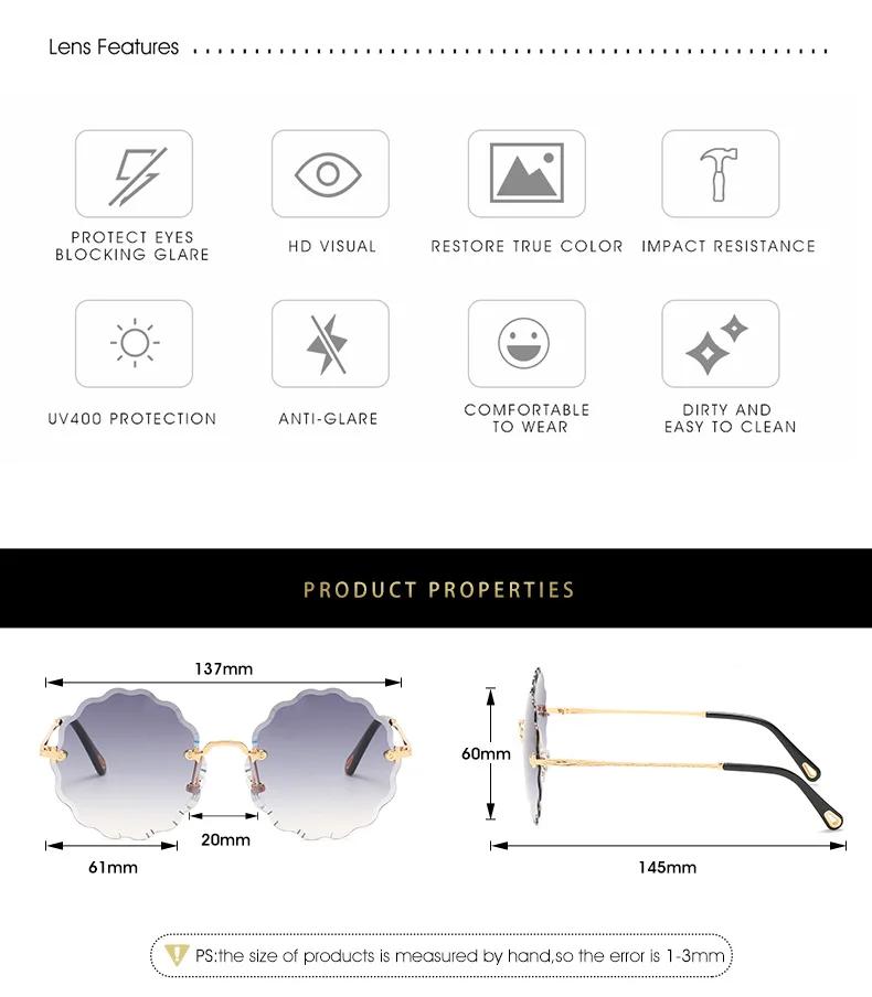 Luxury Brand Designer Lady Round Rimless Sunglasses Women Diamond Cutting Lens Vintage Flower Shape Sun Glasses For Female