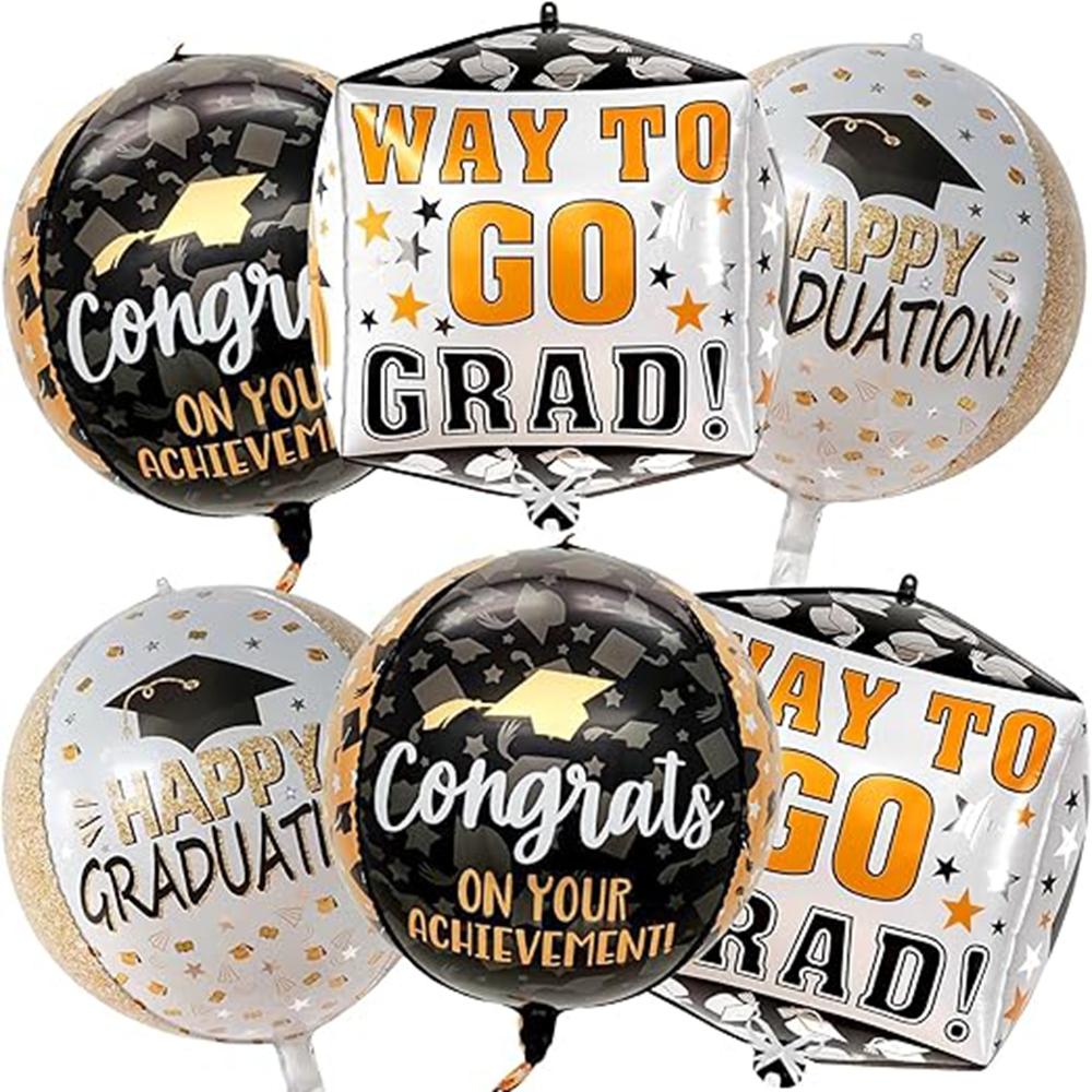 6Pcs 4D Graduation Foil Balloons Set, Black Gold Cube & Round Stereo Grad Balloons with Way to Go Grad Congrats Print, Gradu Other