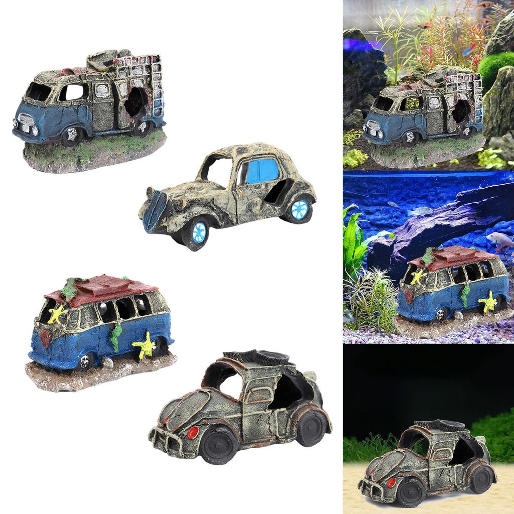Décoration d'Aquarium Épave de Voiture en Résine Cachette pour Poissons Décoration d'Aquarium pour Animaux Aquatiques