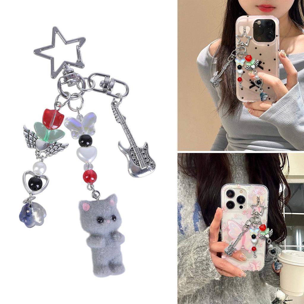 Stylish Guitar Star Beaded Mobile Phone Pendant Keychain Cute Keyring Bag Charm Accessories for Women Girls