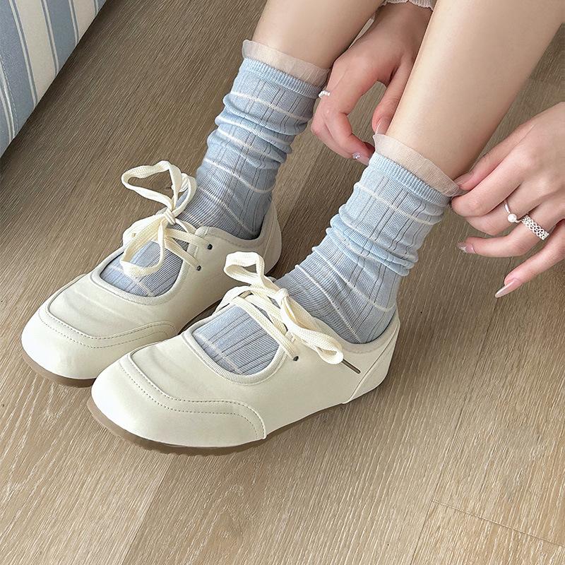 Damen Frühling Sommer Dünne Candy Stripe Spitze Preppy Stil Student Knochenlose Mittelwaden Stulpen Socken