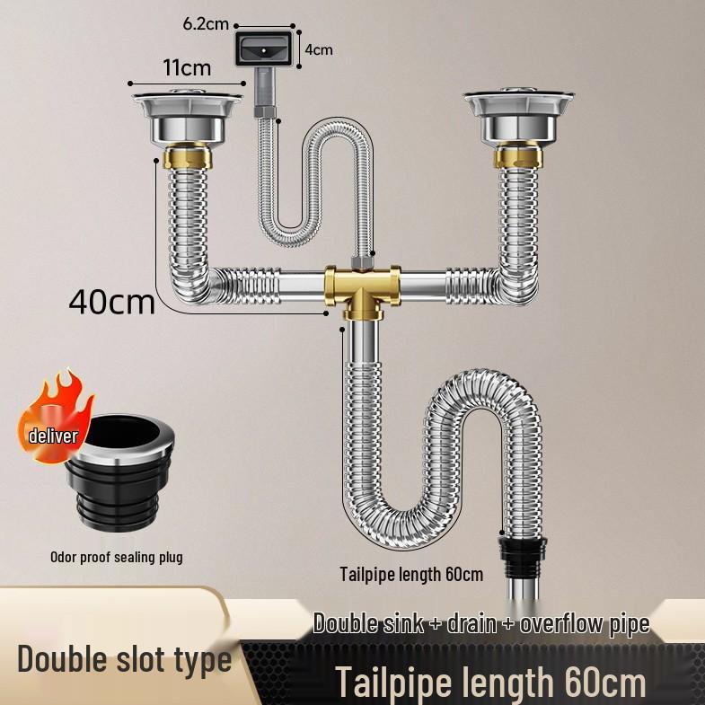Stainless Steel Double Bowl Kitchen Sink Drain Pipe Set with Anti-odor Feature