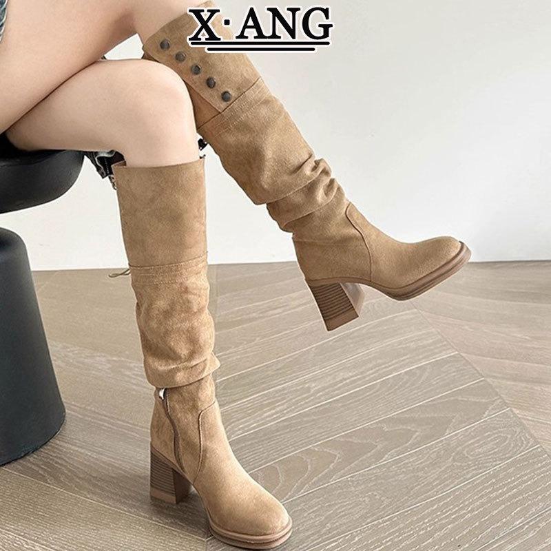 Leather but knee high boots Children's long boots can be folded twice, pleated pile boots High heel thick heel knight boots