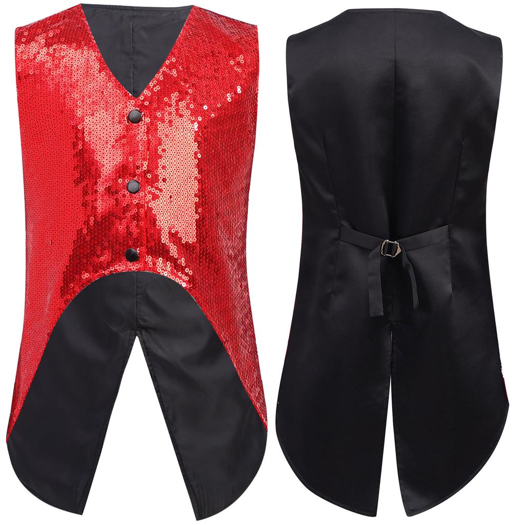 Boys Sparkly Sequin Vest Asymmetrical Hem Sleeveless Design for Parties Stage Events