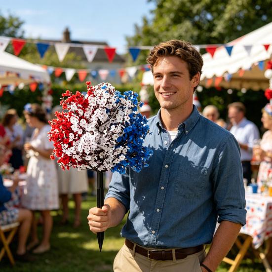 Yousheng 4th of July Artificial Flowers Topiary Ball Tree with Ground Stake Red White Blue Patriotic Fake Flower Plant Shrubs for Independence Day