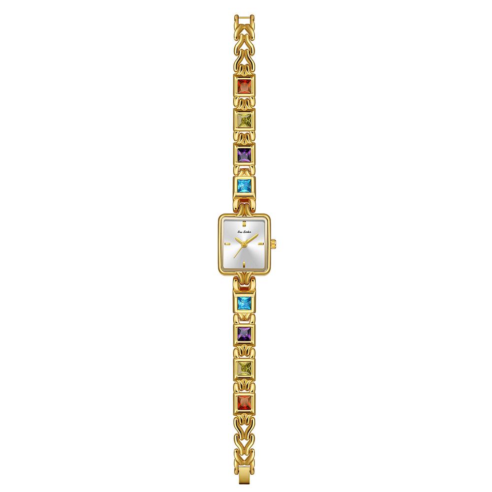 BS New Women's Quartz Watch Vintage-Inspired Square-Case Multi-Colored Gemstone “Rainbow” Luxury-Style Women's Watch FA1857