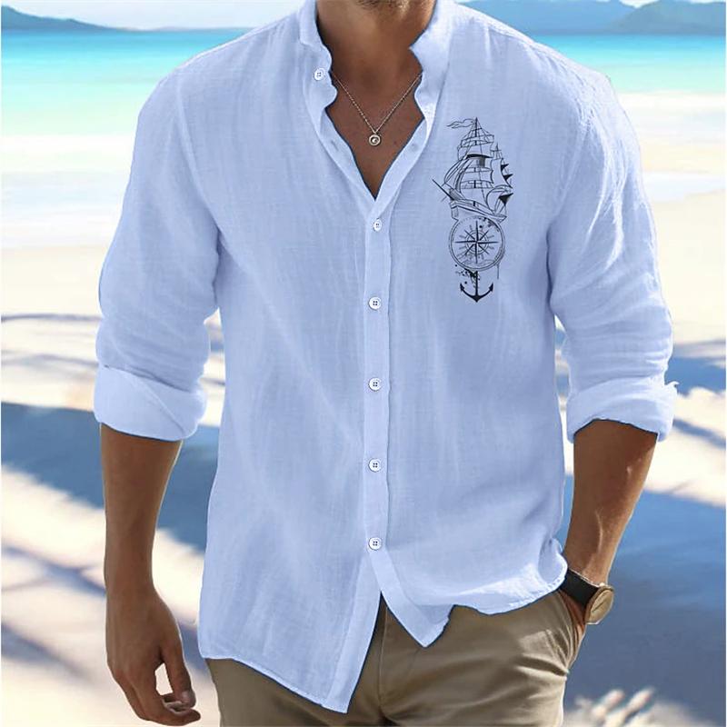 Zomer Mannen Linnen Shirt Omklapbaar Strandshirt Lange Mouwen Effen Kleur Hawaïaans Roze Patroon Collectie
