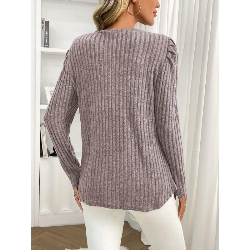 Women Solid Crew Neck Puff Sleeve Long Sleeve Brushed Striped T Shirt Top