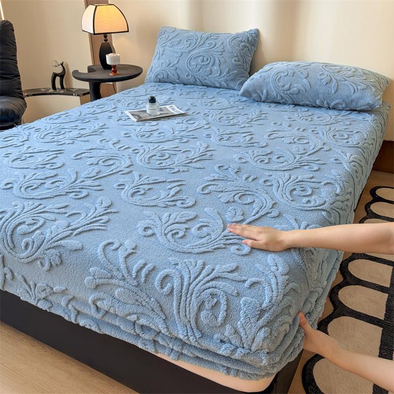 1PCS Plush Embossed Fitted Sheet Thick Warm Bedding for Autumn Winter Soft Comfortable Fabric Deep Pocket Design for Queen King Single  No Pillowcases
