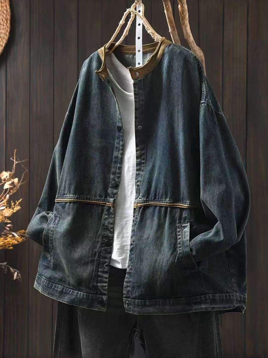 

Johnature Женские Винтажные Куртки Пуговичная Лоскутная Расцветка Длинный Рукав Весенние Пальто Повседневные Свободные Женские Куртки One Size темно-синий