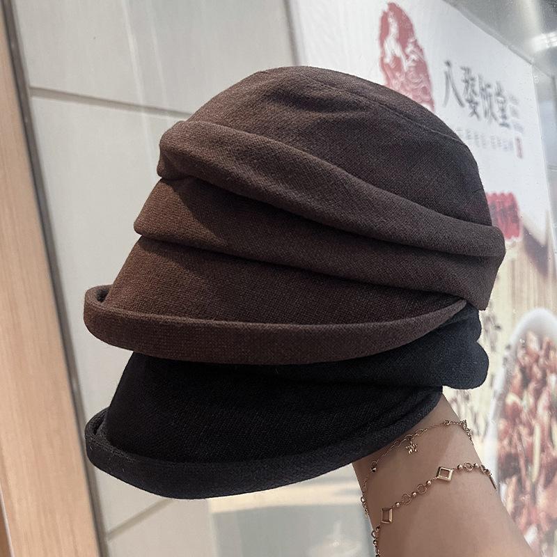 New Pleated Stacking Basin Hat Women's Autumn Retro Versatile Big Head Circumference Showing Small Face Fashionable Crimping Painter Hat