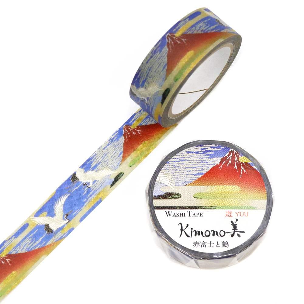 Kimono Biyu Retro Modern Red Fuji and Crane 15mm Gold Leaf Gradient Masking Stationery for Cute Gold Leaf Mt. Design, Wide, Tape, Students, Gradient,