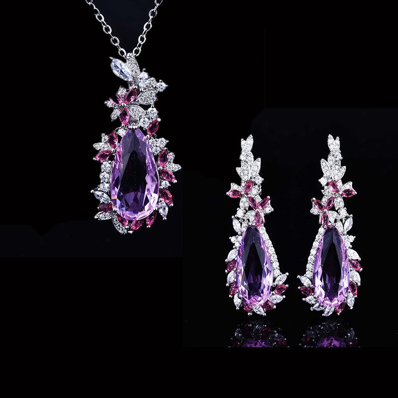 Foydjew New Luxury Design Butterfly Pink Morgan Stone Pendant Necklaces Micro-inlaid Full Zircon Drop Earrings Zircon Sets