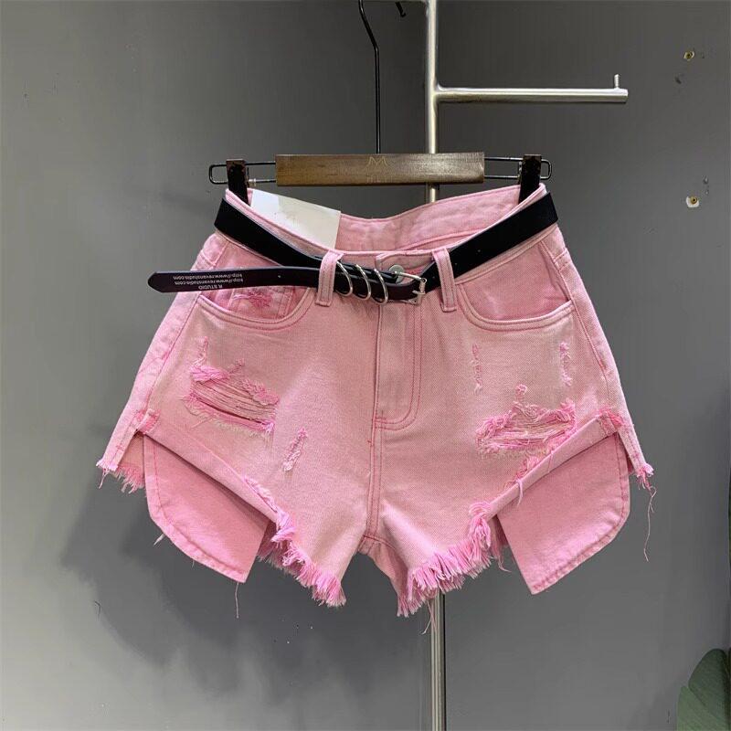Summer 2026 American Pink Ripped Denim Shorts - Korean Style Wide-Leg A-line Hot Pants