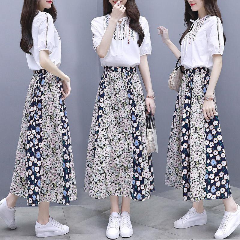 Skirt Suit Female Summer Suit Skirt Two-piece Round Neck Short-sleeved Shirt + A-line Skirt Sweet and Lovely Elegant Temperament