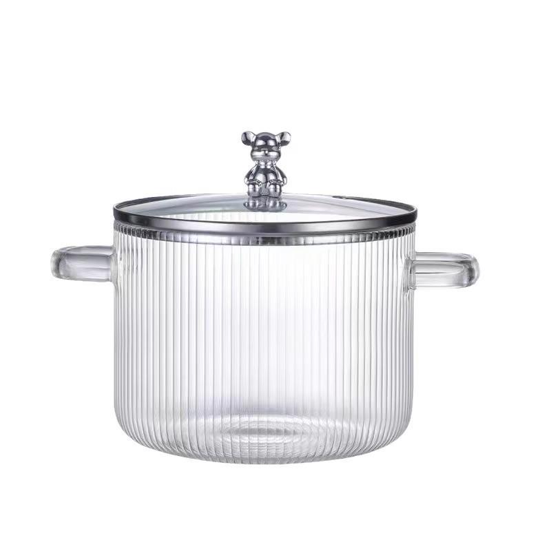High Borosilicate Glass Double-Ear Pot with Decorative Lid Handle, Ideal for Soups and Noodles