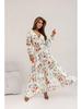 2024 Summer European & American Print V-neck Slit Dress with Long Sleeve & Waist Tie