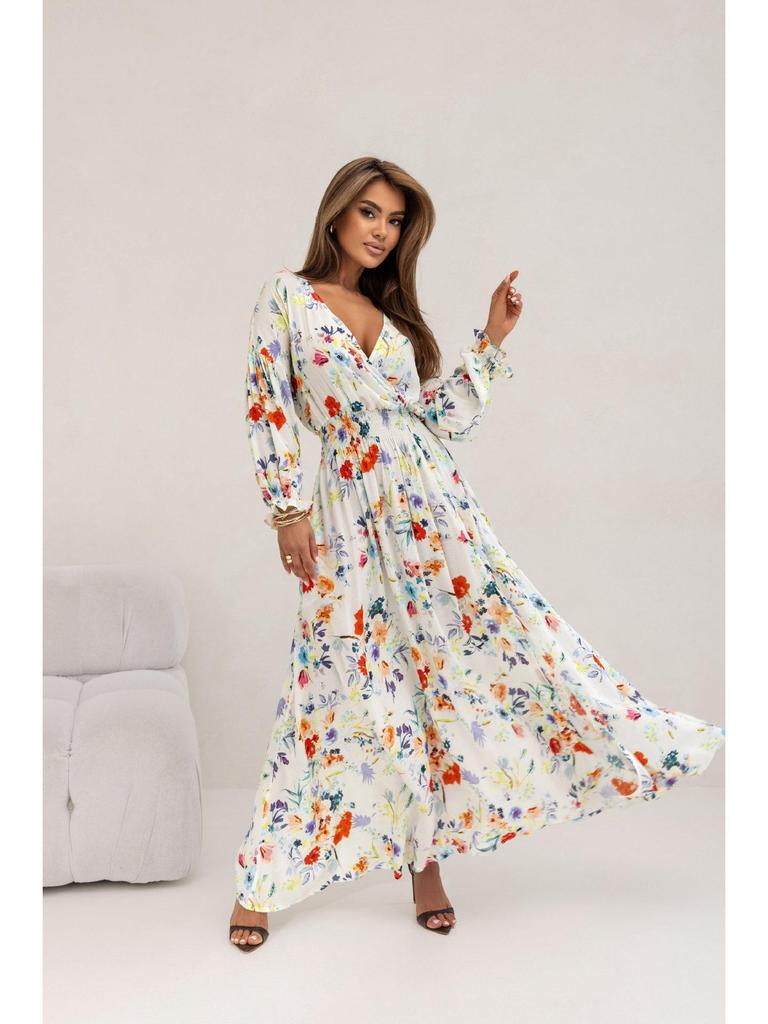 2024 Summer European & American Print V-neck Slit Dress with Long Sleeve & Waist Tie