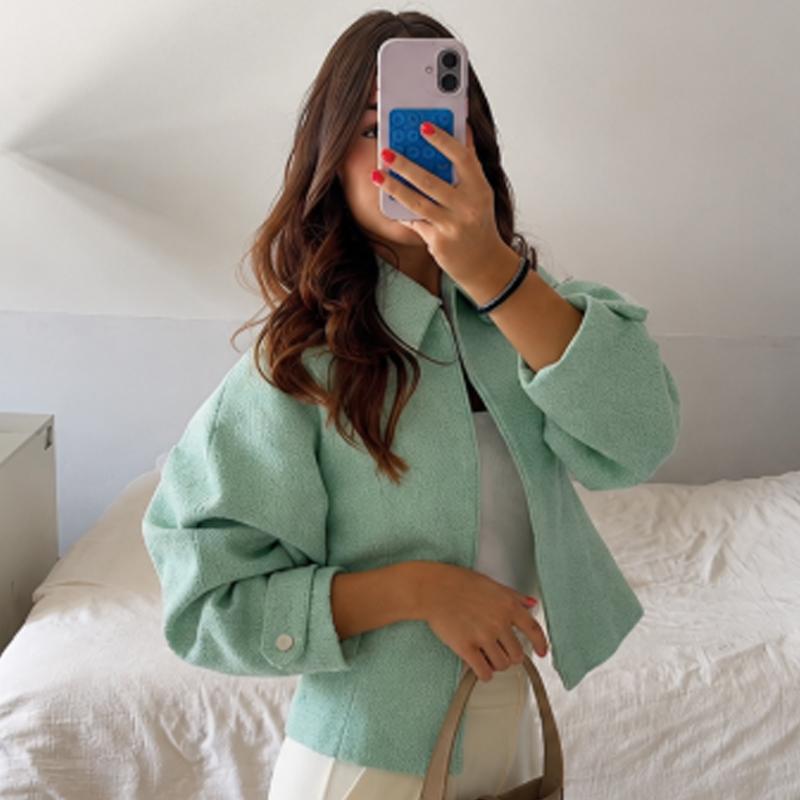 Cropped Tweed Jacket Women's Jacket Demi-Season Zip-Up Long Sleeve Mint Green Outerwear Streetwear Coats