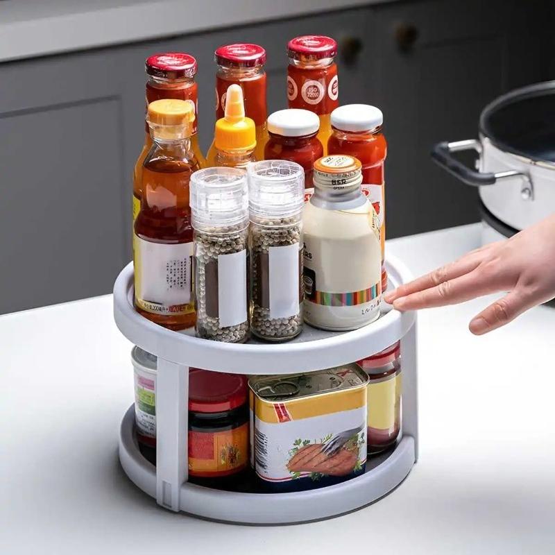 1pc 2 Layer 360 Degree Rotating Spice Storage Rack Non Slip Turntable Storage Tray Cosmetic Storage Box Space Saving Design