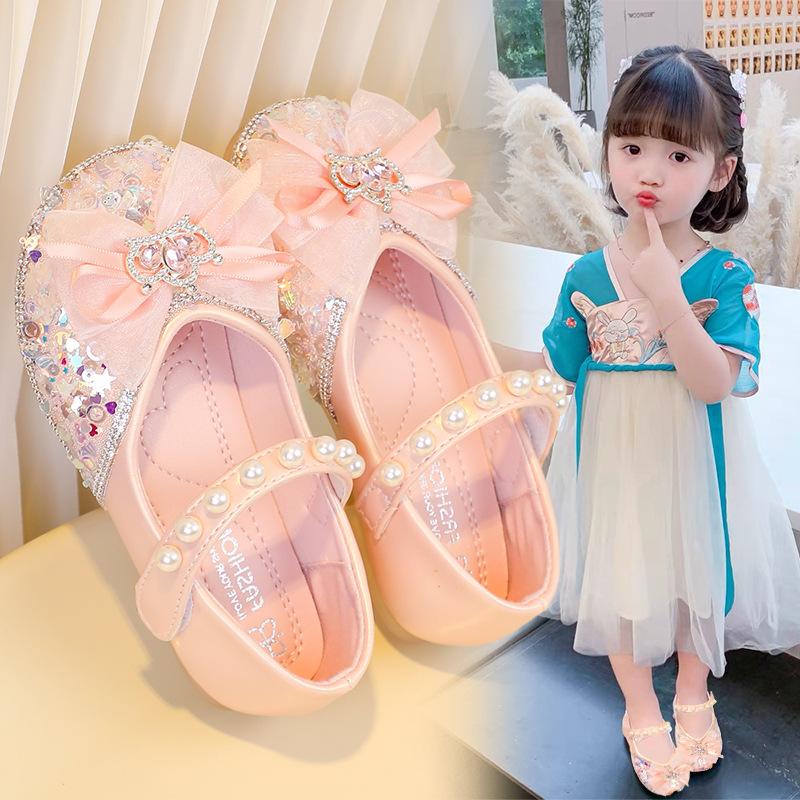 Girls Leather Shoes Children's Single Shoes 2025 Spring and Autumn New Girls Sweet Bow Princess Shoes Foreign Style Crystal Shoes Tide