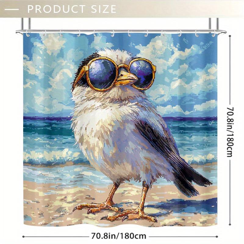 1Pc Black & White Bird Beach Scene Shower Curtain - 71X71 Inch, Polyester, 12 Hooks, Hand Wash, Boho Bathroom Decor