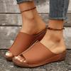 Slope Heel Thick Bottom Slippers,Women's Large Size Round Head Casual One Foot Stirrup Solid Color Slope Heel Sandal Slippers Women Outer Wear